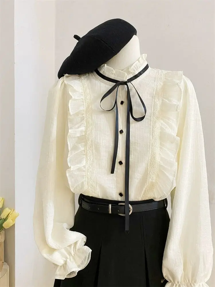 

Shirts & Blouses Tops Mujer Sweet Fungus Lace Up Bottoming Women Shirt 2025 New Fashion Trend All-match Camisas De Mujer