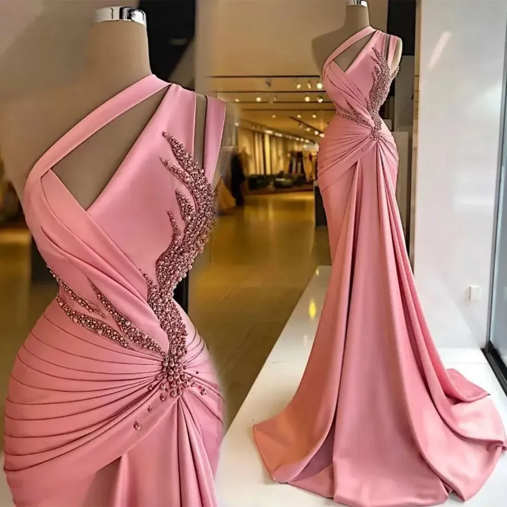 Customized Pink Satin Mermaid Evening Dresses Pleat Prom Party Gown Formal Zipper Plus Size Beaded One-Shoulder robes de soirée
