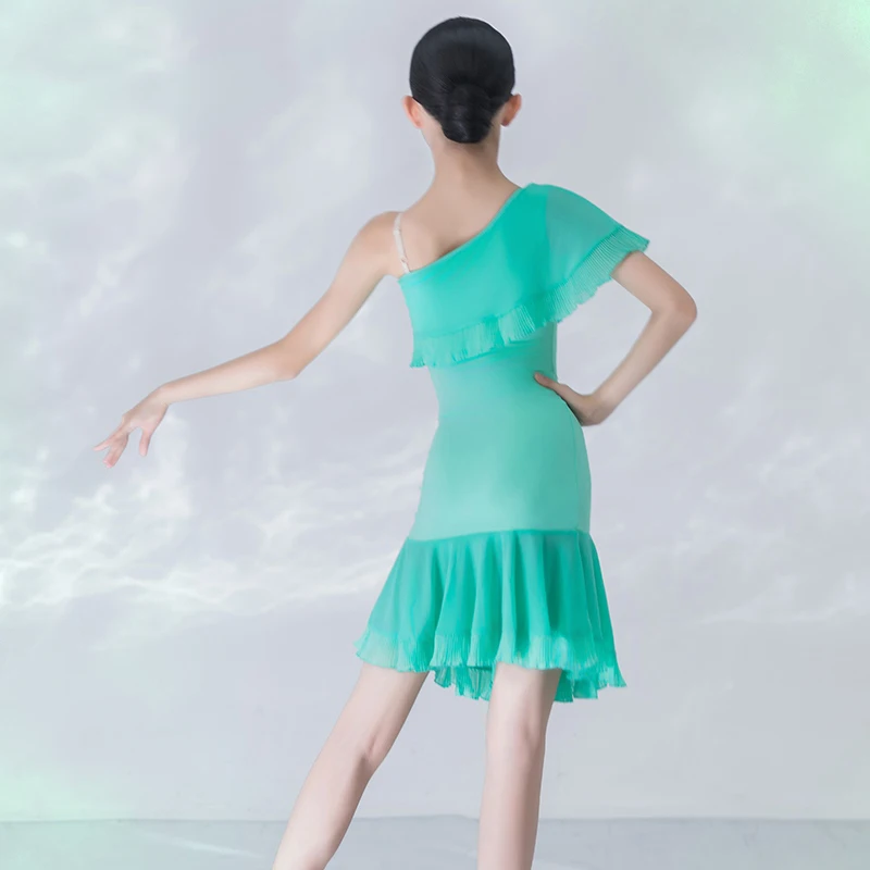 Abito da ballo latino verde per ragazze, abbigliamento da pratica, gonna con una spalla, abiti da spettacolo, costumi di danza latina per bambini BL15043