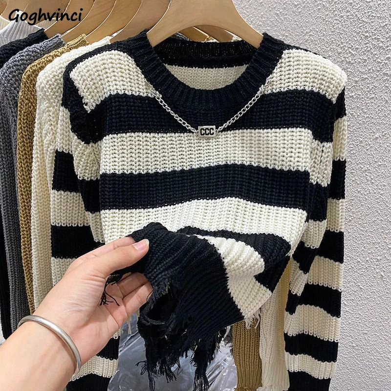 

O-neck Pullovers Women Simple Chic Striped Short Sweaters Knitted Fur-lined Slim Frayed High Street Vintage Casual Fashion Kpop