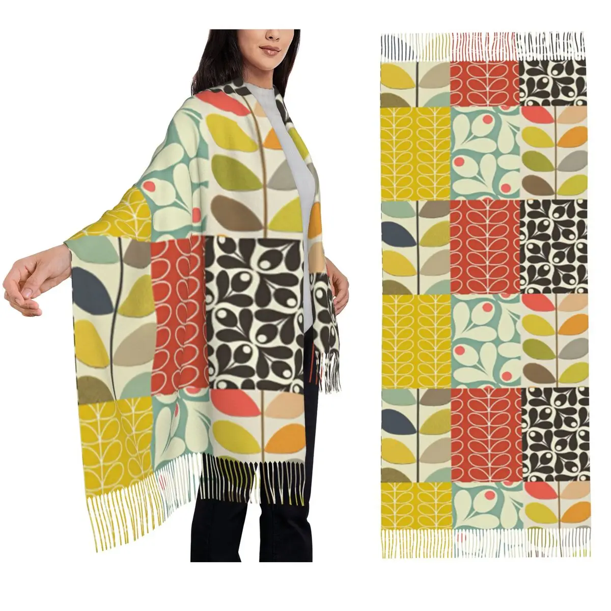 Orla Kiely Floral Scandi Retro Scarf Tassel Scarves Women Soft Warm Shawls and Wraps Long Fall Winter Shawl Wrap