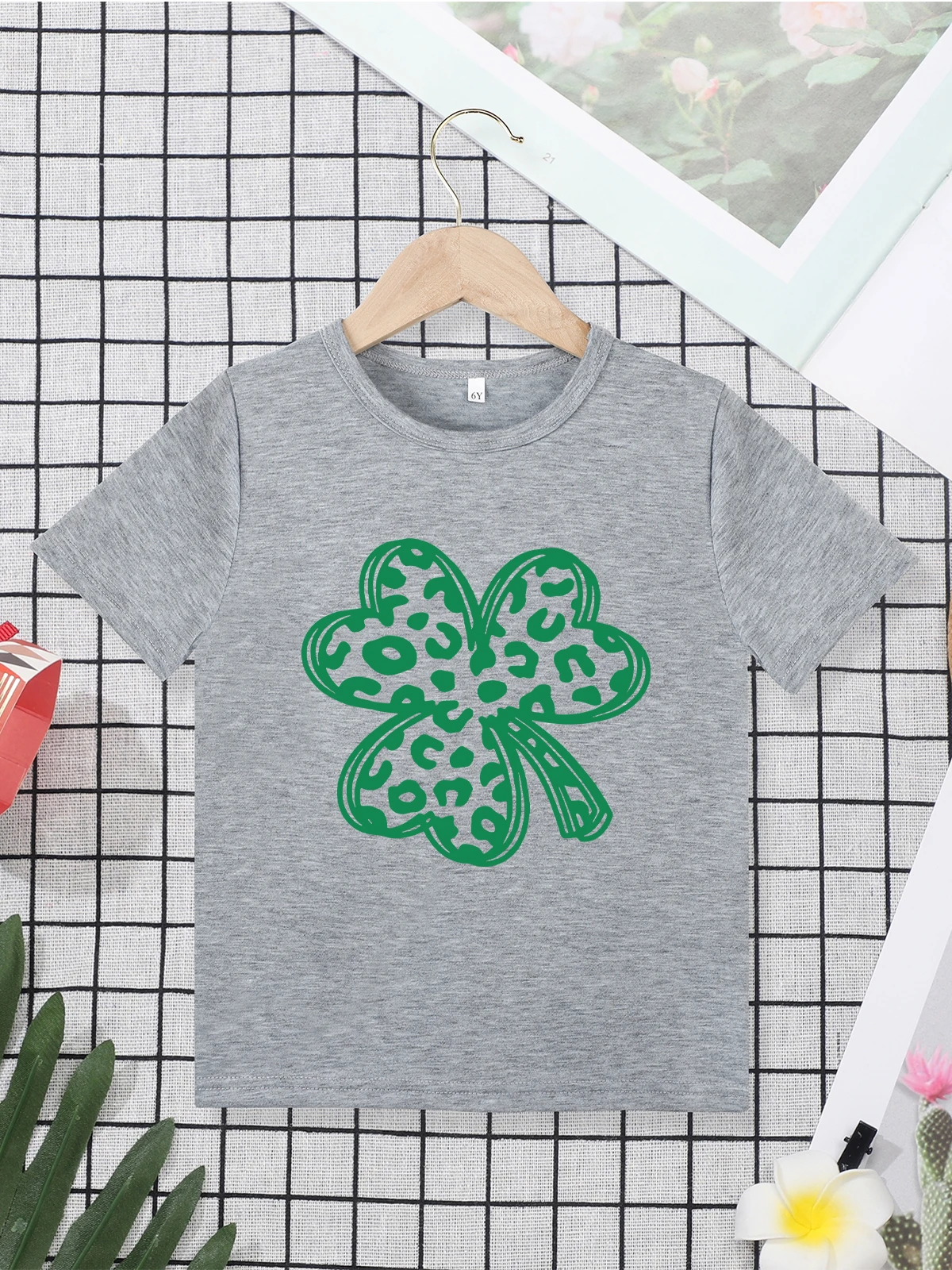 Clover Print Aesthetic Boys and Girls Clothes 2 to 7 Years Grey Spring Summer Comfy Casual Tops O-neck Basic Tee Kids T Shirt