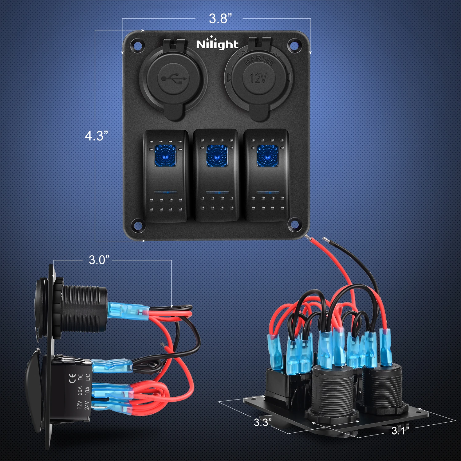 Nilight 3 Gang Rocker Switch Panel Waterproof Pre Wired Aluminum Switch Panel with Dual USB Charger Cigarette Lighter Socket for Car RV Truck Boat 12V 24VDC ON Off Switch Panel