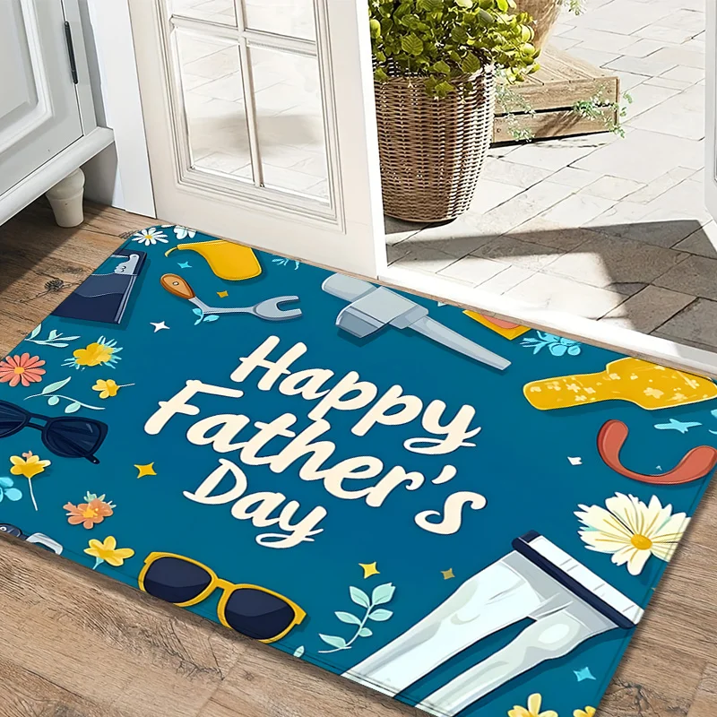VIKAMA Father's Day Holiday Floor Mat Happy Fathers Day Tool Flower Pattern Anti‑Slip Washable Doormat Entryway Porch Home Decor
