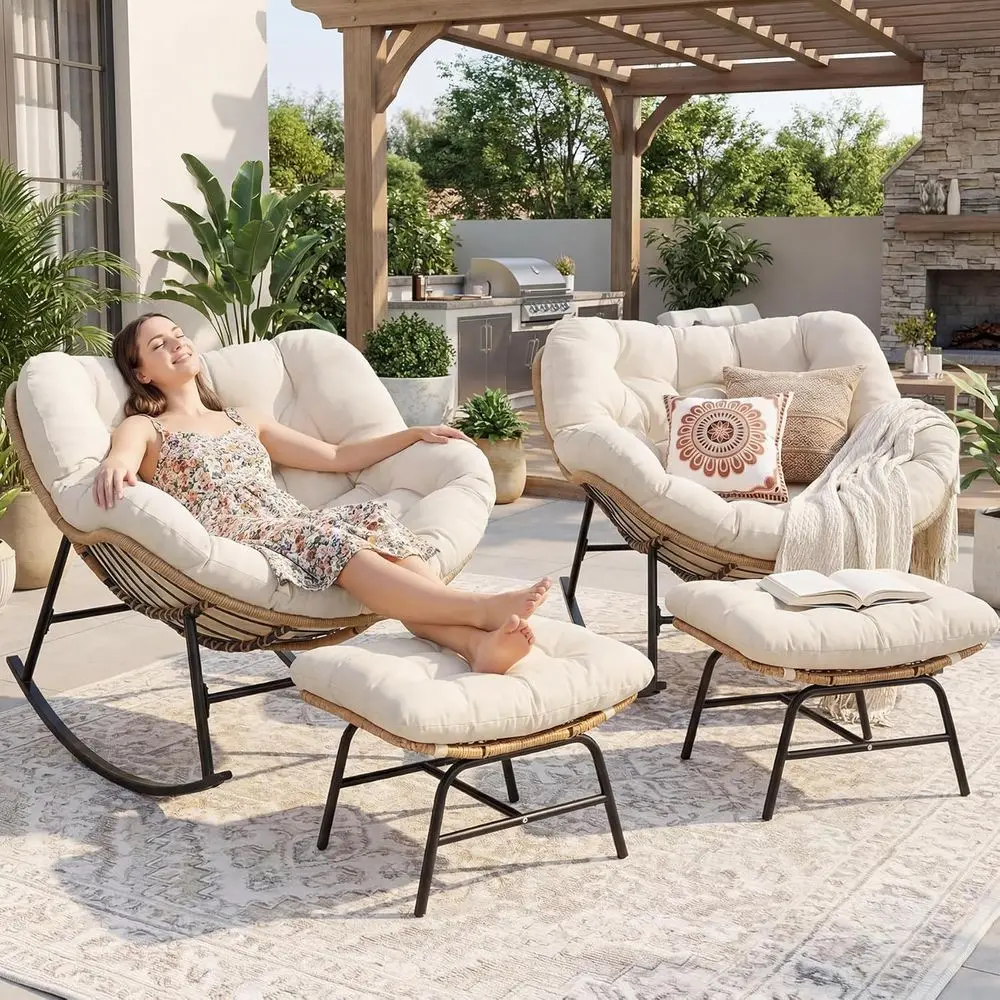 

2 Person Wide Oversized Egg Rocking Chair with Ottoman, Cushion, and Loveseat for Indoor Outdoor Living Room, Beige