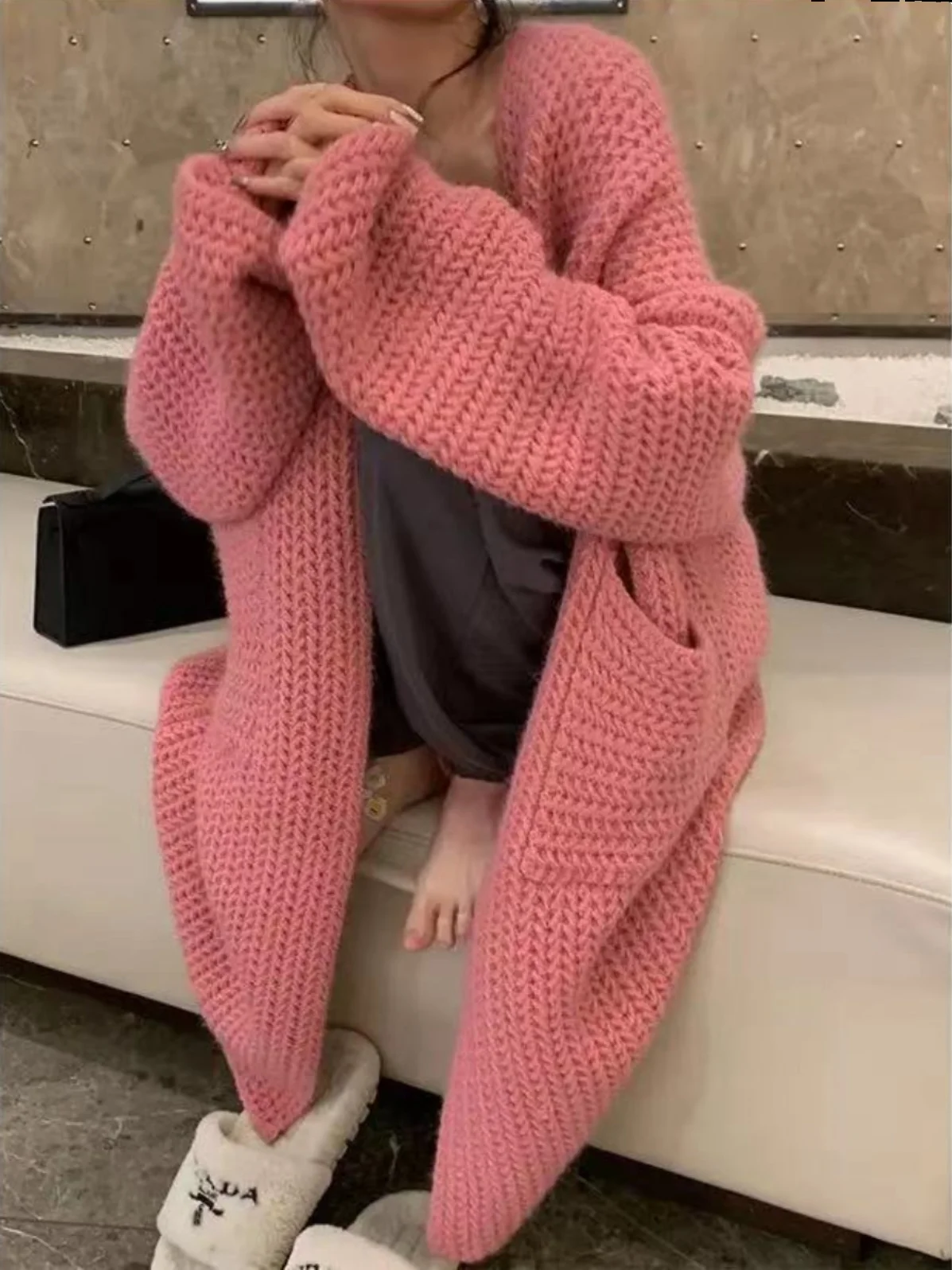Loose Long Sve Women's Knitted Sweater ay Lazy Sle Autumn Winter Faion V-Ne Cardigan Casual Outerwear Coat