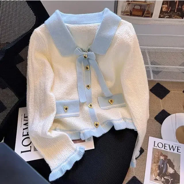 Bow tie knit cardigan for women\'s spring and autumn new short style contrasting color sweet little fragrance sweater