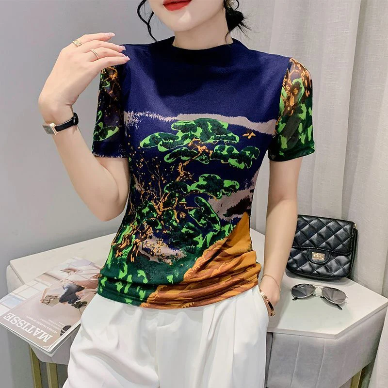 Summer Fashion O Neck Fashion Printing Pullover Top Women Short Sleeve Slim Casual Vintage T-shirt Ladies Harajuku Y2K Mesh Tee