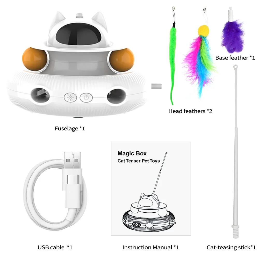 Moebypet Interactive 4-in-1 Cat Toy Rechargeable Feather Stick Laser Trackball Retractable Feather Popular Indoor Toys for Cats