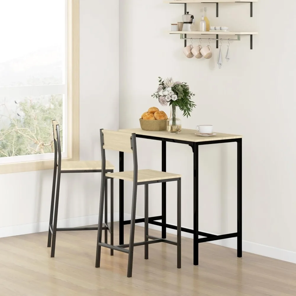 3-Piece Industrial Bar Table and Chairs Set: Counter-Height Kitchen Dining Table with Bar Stools – Ideal Breakfast Table for 2