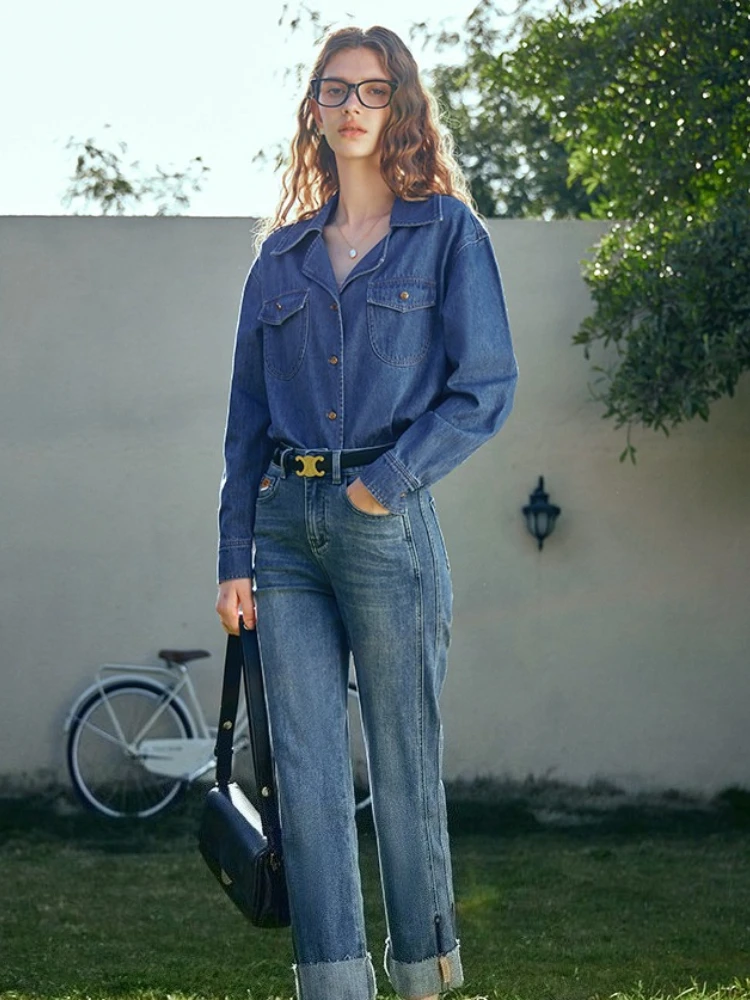 OLrain frauen Blau Denim Hemd Vintage Oversize Damen Tops Casual drehen-unten Kragen Tasche Gerade Weibliche Shirts O24CC83309