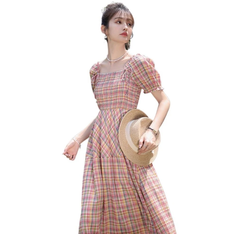 

Summer Women Short Sleeves Long Dress Fashion Plaid Shoulder Lace up Maxi Dress Casual Elegant Retro Dress Femme New Vestidos