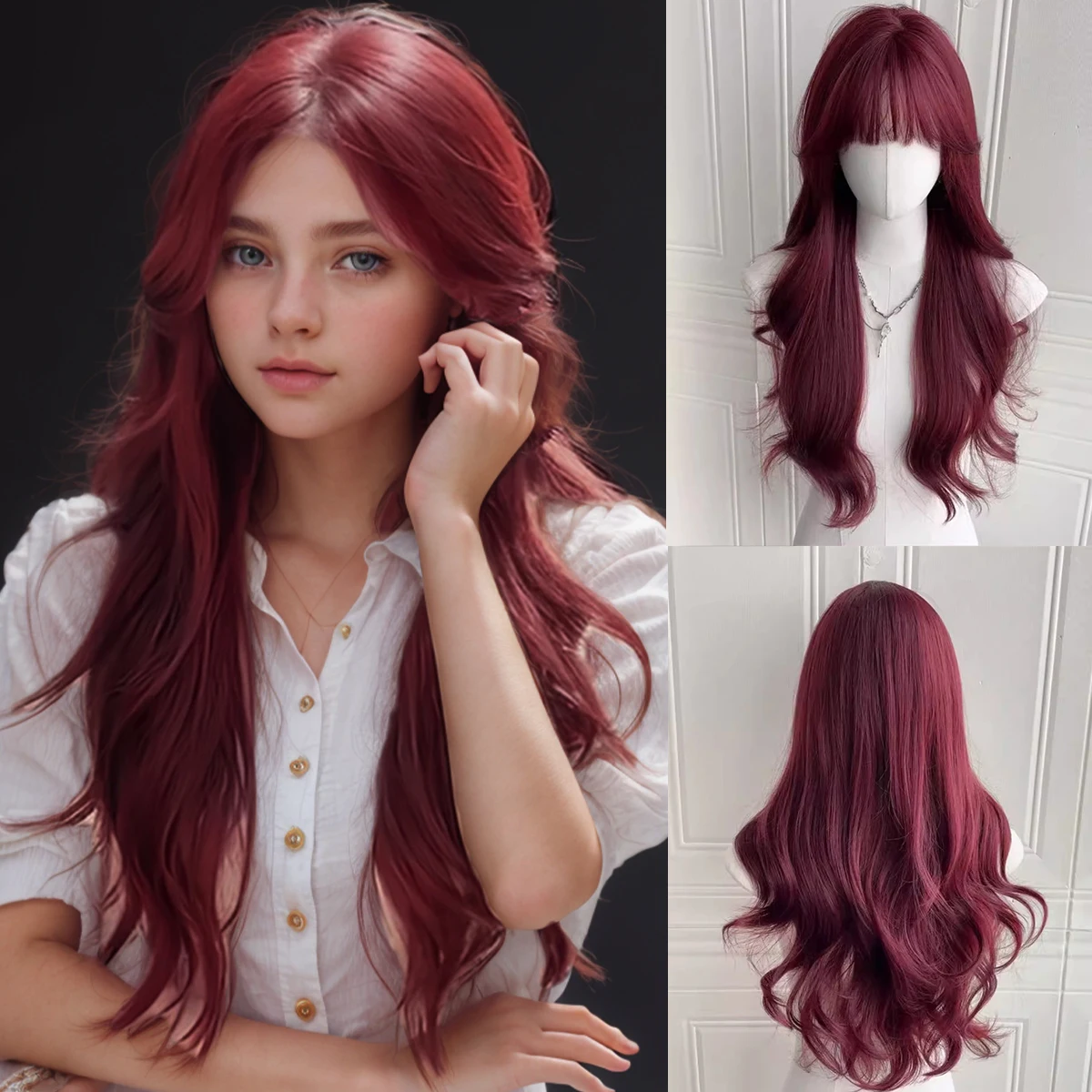 DIFEI Synthetic Mela red long curly wig women wine red heat-resistant big wavy natural curly fashion styling