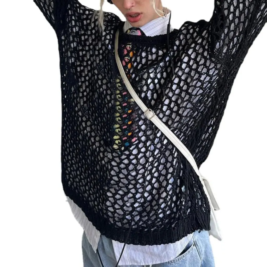 

Summer Women's Hollow Mesh Wool Blouse round Neck Loose Fit European American Trendy Streetwear for Girls