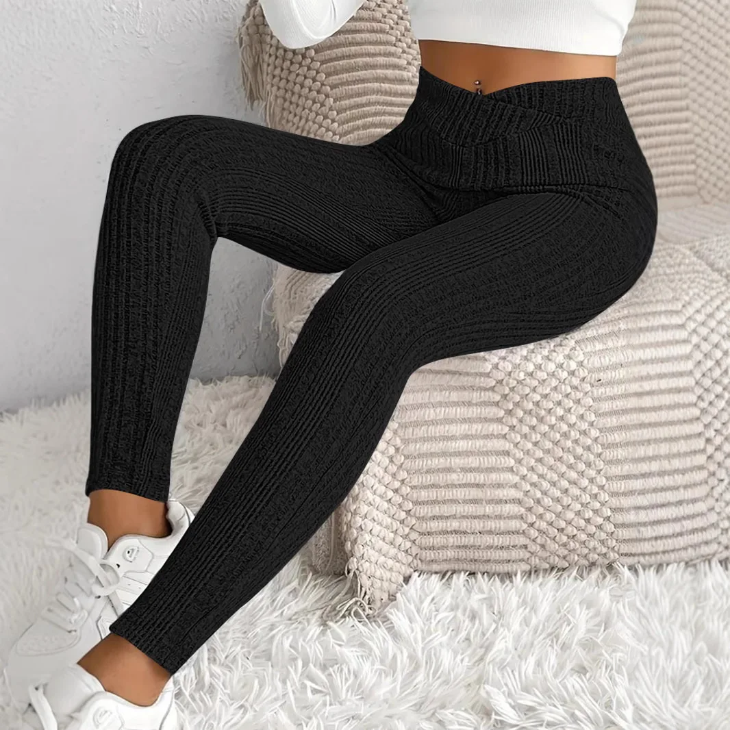 Calças Justas de Cintura Alta Listradas para Mulheres, Calças Casuais de Fibra de Poliéster para Mulheres de Meia Idade