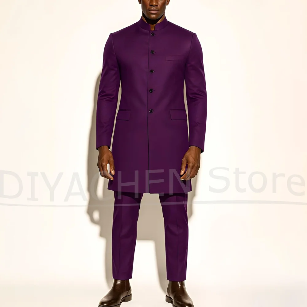 طقم بدلة رجالي بياقة واقفة، سترة طويلة بصدر واحد مع بنطال، ملابس رسمية أنيقة لحفلات الزفاف، قطعتين #3