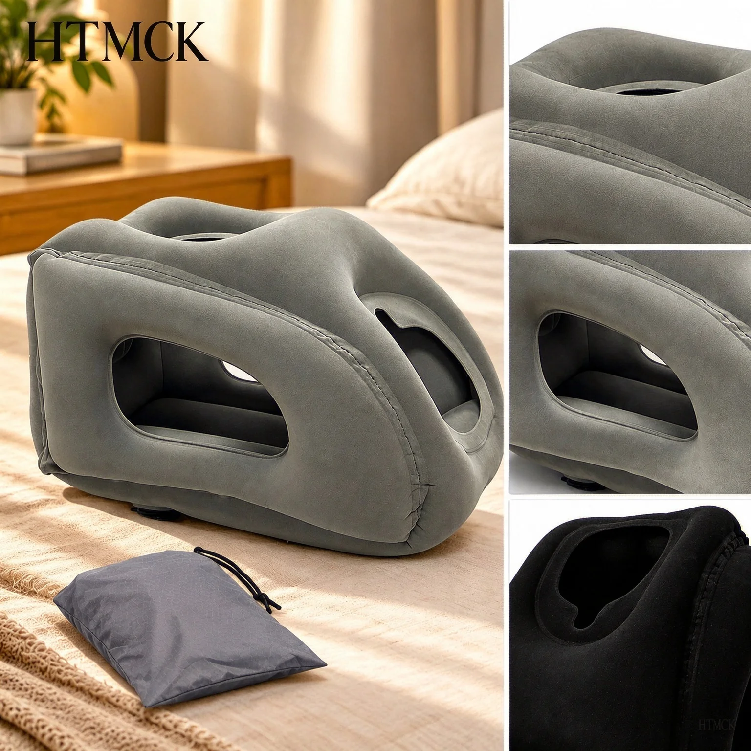 HTMCK Upgraded Inflatable Travel Pillow Air Cushion Headrest with Chin Support for Airplane Car Office Neck Nap Resting Cushions