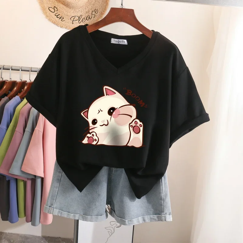 EBAIHUI 100% Cotton L-6XL T Shirt Plus Size Tshirt Short Sleeve Women Top Summer Cartoon Print Couple V Neck Oversized T Shirts