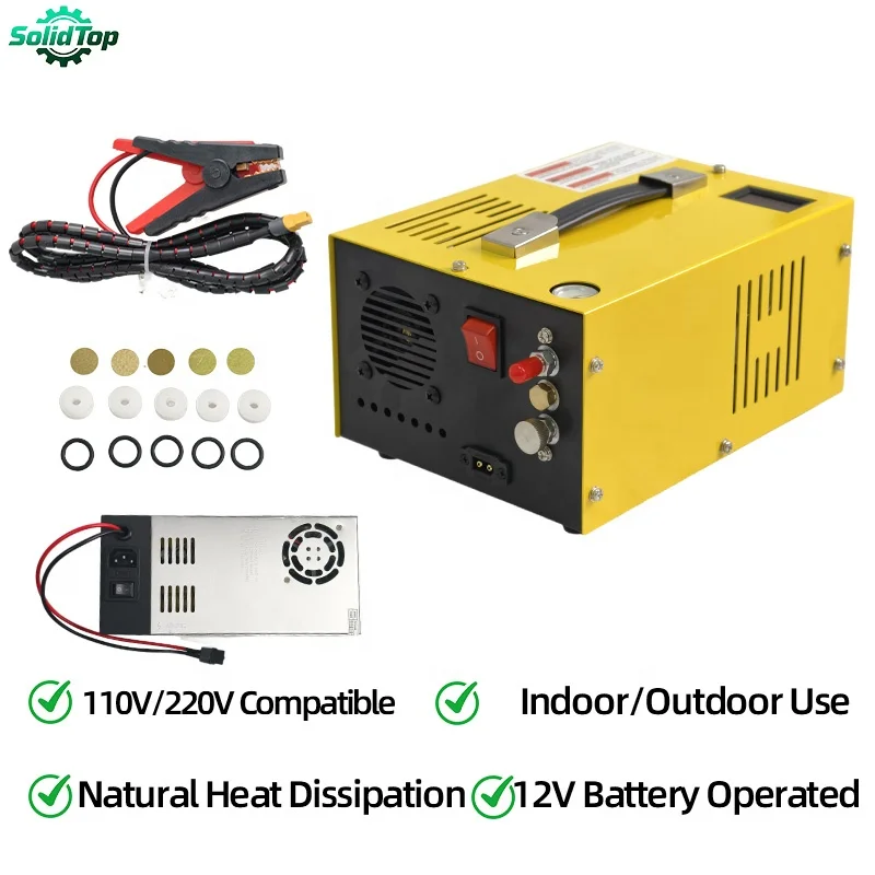 SolidTop Oil-less Portable PCP Compressor 12V/110V/220V High Pressure 300Bar Filter Dive Tank Scuba Diving Car Tire Inflator