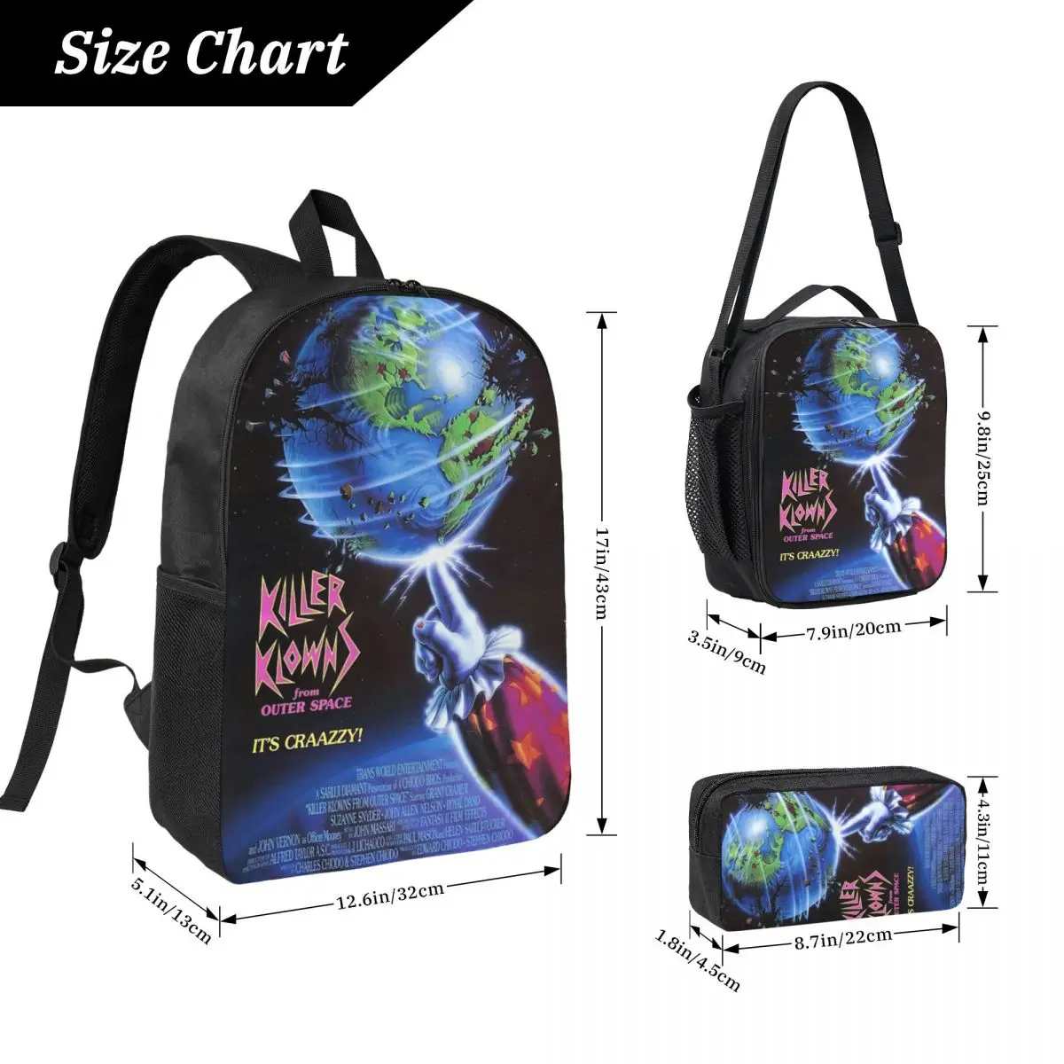 Killer Klowns From Outer Space Backpack Student Boys Girls BookBag School Bag Shoulder Bags 3ps Insulated Lunch Bag Pencil Case