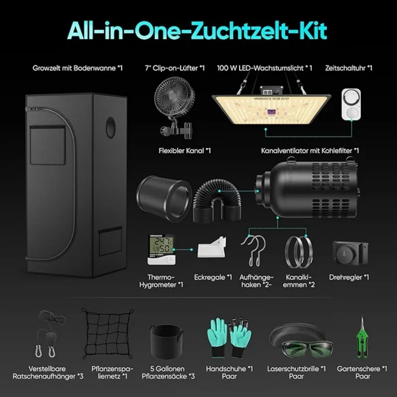 Kit complet de culture en tente aérée avec lampes LED de culture à intensité variable, ventilateur à clip réglable et filtre à air à charbon actif
