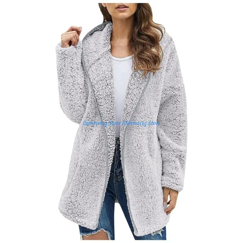 573B Women Warm Casual Oversized Hooded Coat Long Sleeve Fleece Cardigan with Pockets