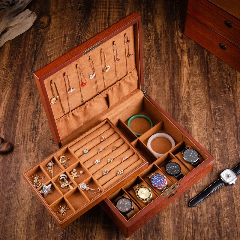 Wooden Jewelry Storage Box - Multi-Layer Lockable Watch Display Case for Necklaces Rings, Portable Travel Accessory Holder