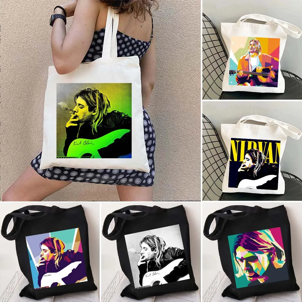 Singer Kurt Cobain Portrait Pop Poster Rock Roll Music Retro Vintage Men Women Canvas Shoulder Tote Bag Shopper Shopping Handbag