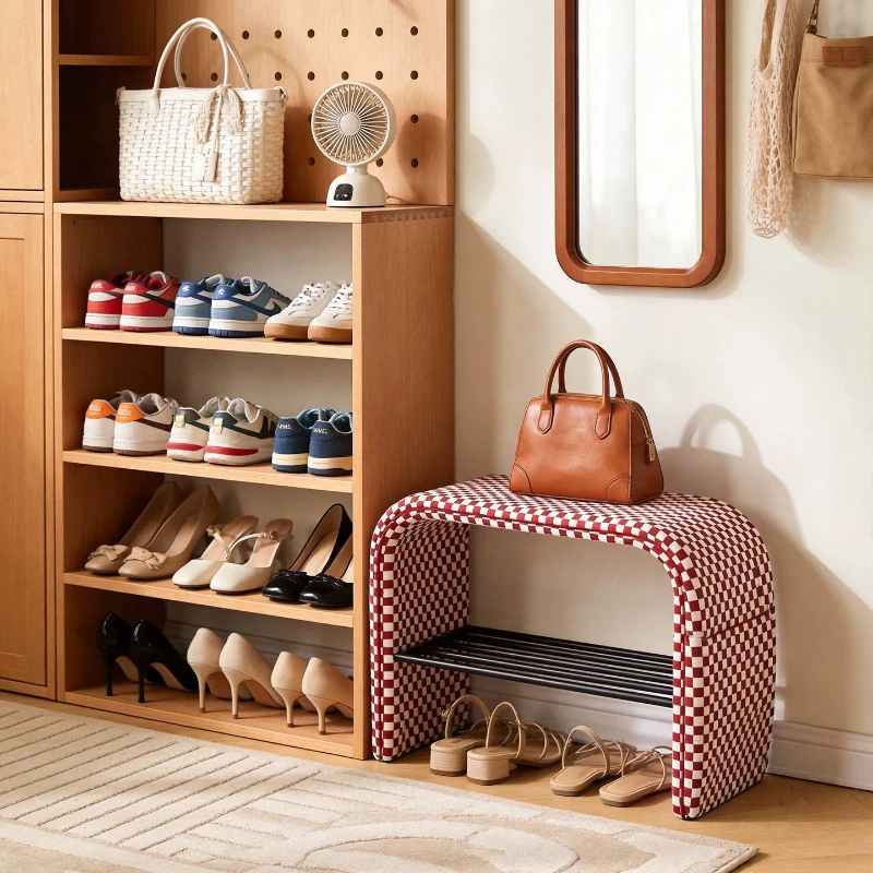 Luxury Mid‑Century Entryway Shoe Changing Bench Integrated Shoe Rack Elegant Hallway Furniture for Home Decorative Rest Seating