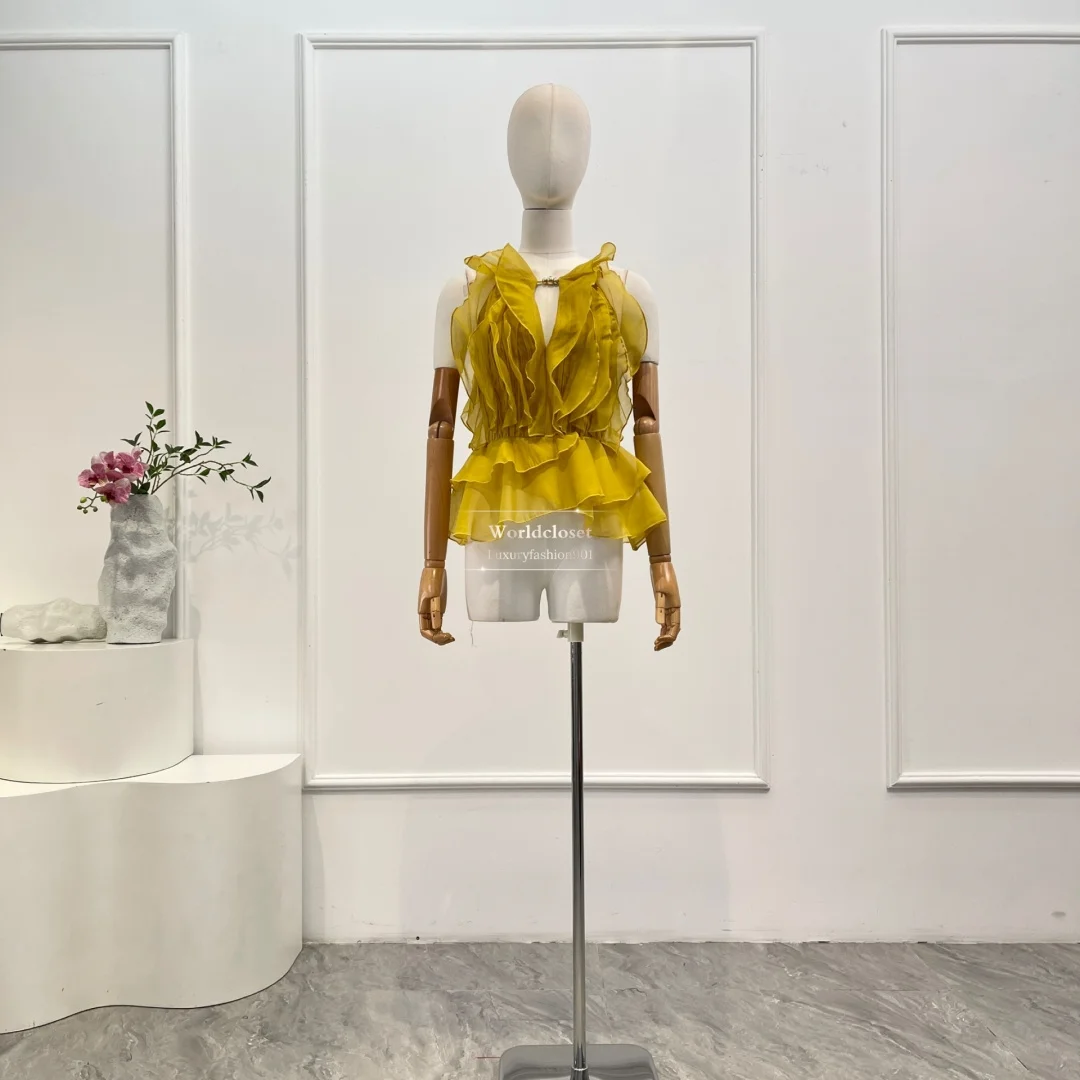 

Yellow Ruffles Sleeveless Blouse Tops White Two Colors 2026 High Quality