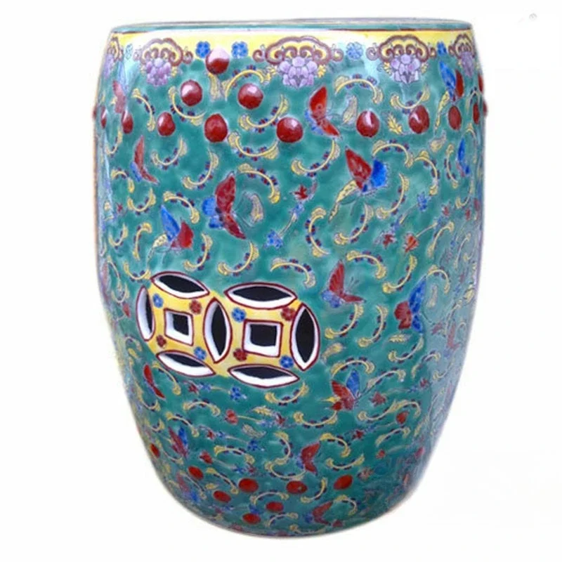 Ceramic painted red green yellow blue butterfly pattern drum stool porcelain stool antique dressing stool embroidered pier