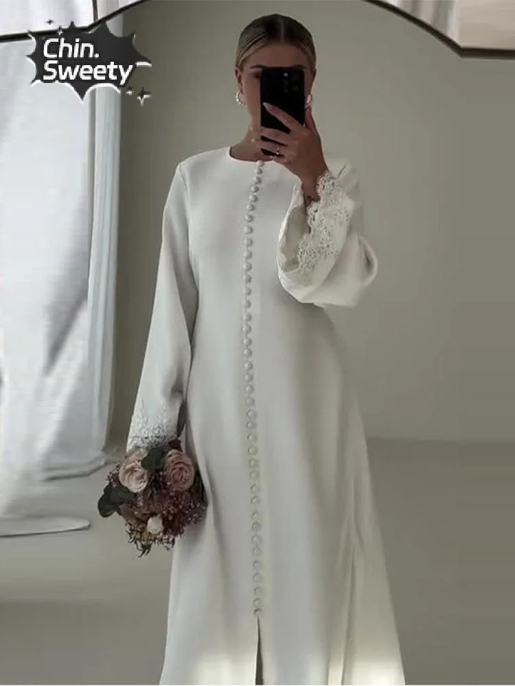 White Single Breasted High Split Loose Maxi Dress Women Elegant Long Lace Hem Sleeve O Neck Knitted Vestidos Causal Commute Robe