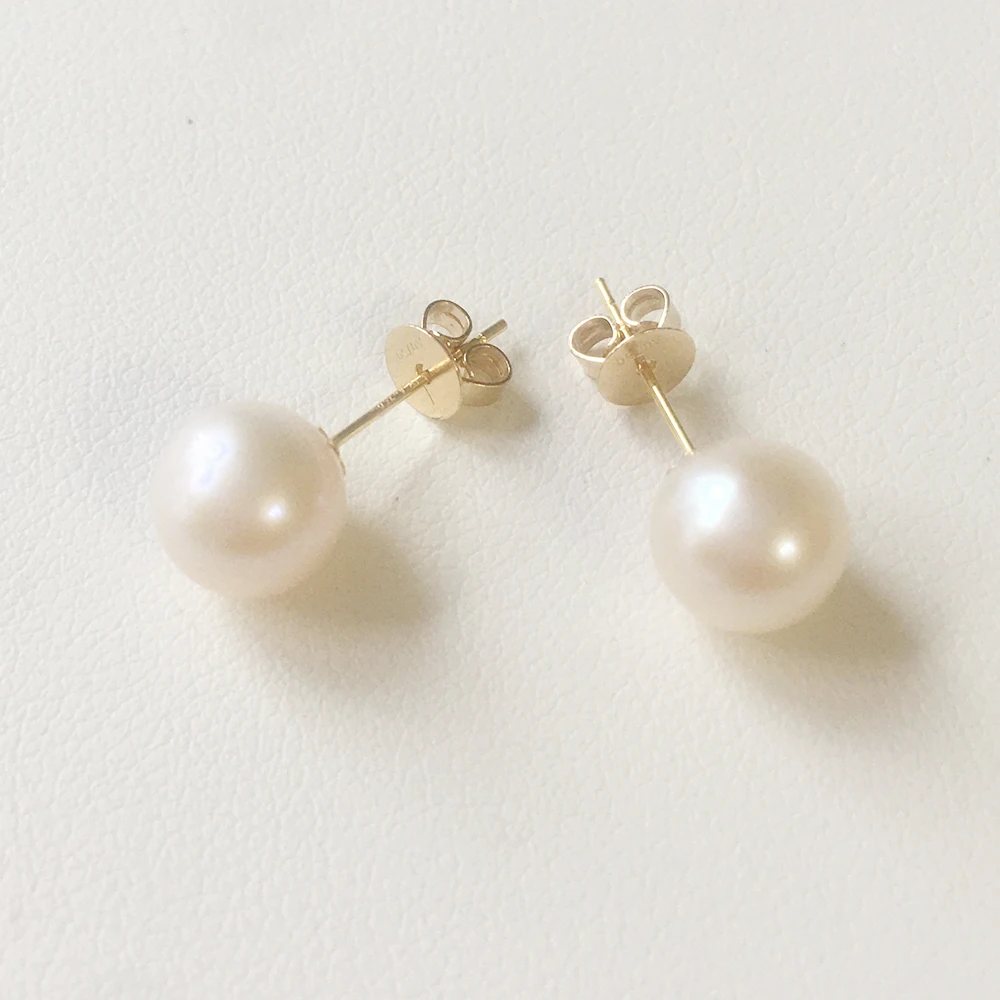 Real Solid 18k Gold Stud Earrings Freshwater Perfect Round Pearl Earrings-7.5-8 mm AAA High Luster Nature Pearl Au750 Gold