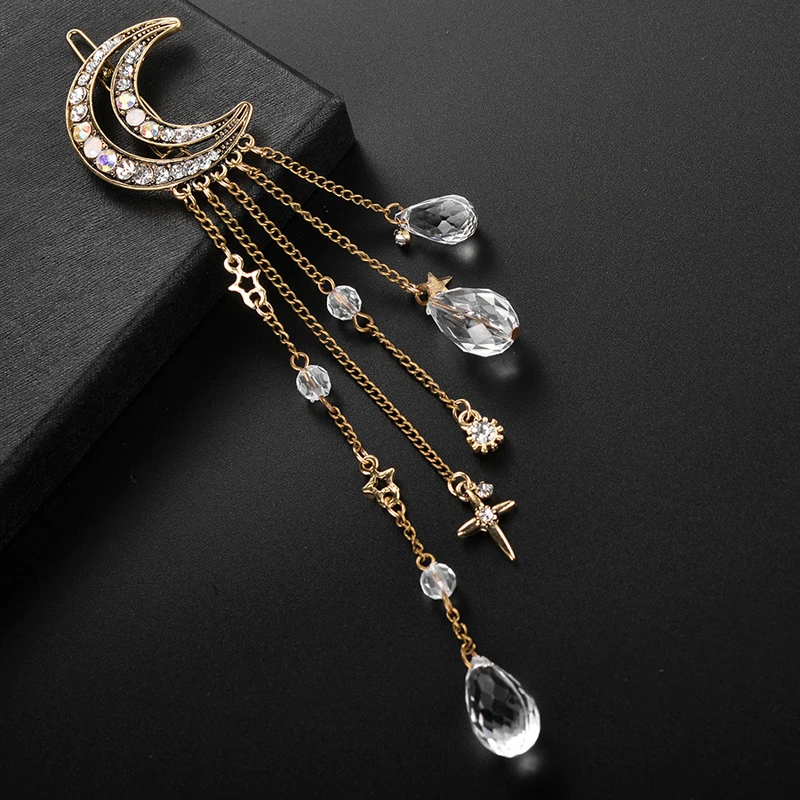 Halbmond- und Stern-Haarspange mit Quaste für Damen, Strass- und Kristallmond- und Stern-Seitenklammer im Girly-Stil – Detail 6