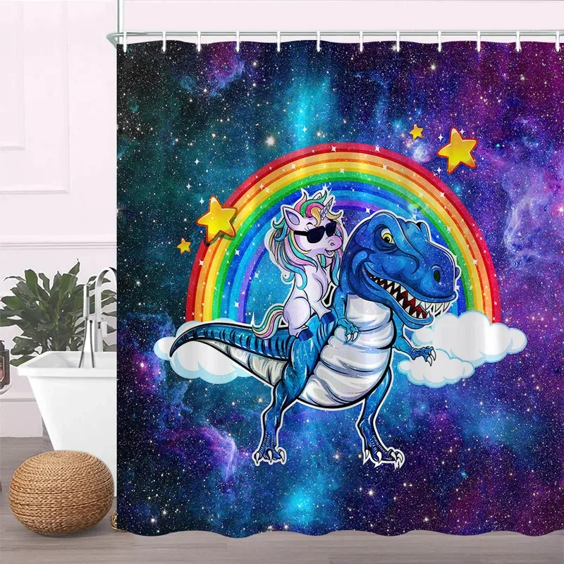 

JHB23Funny Western Cowboy Cat Shower Curtain Cat Riding Shark Whale Universe Galaxy Cartoon Hilarious Fabric Kid Decor Bath 9Kj(