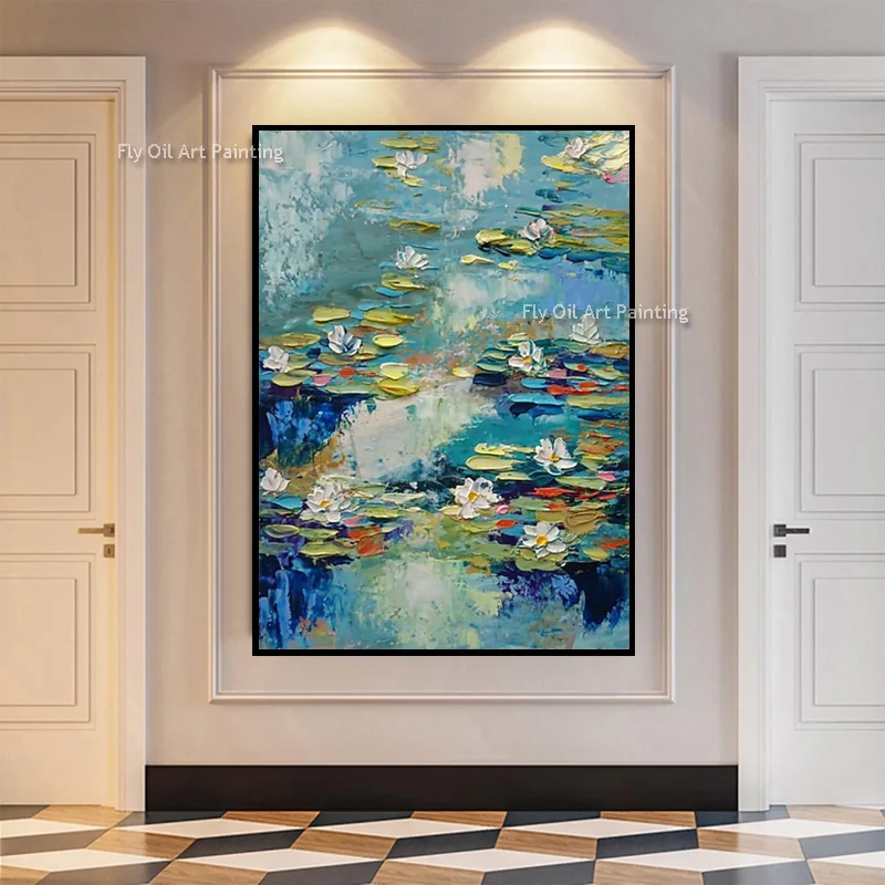 Large 100% Hand‑Painted Water Lilies Oil Painting, Impasto Pond Floral Palette Knife Textured Vertical Canvas Wall Art