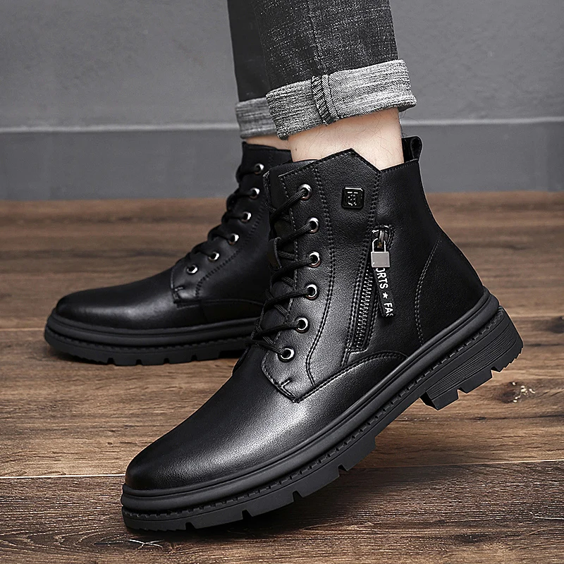 Man ankle Boots Genuine Leather 2024 Winter Men\'s cow Leather Shoes Ankle Boot Male Winter Shoe Plush Fur Warm shoes men