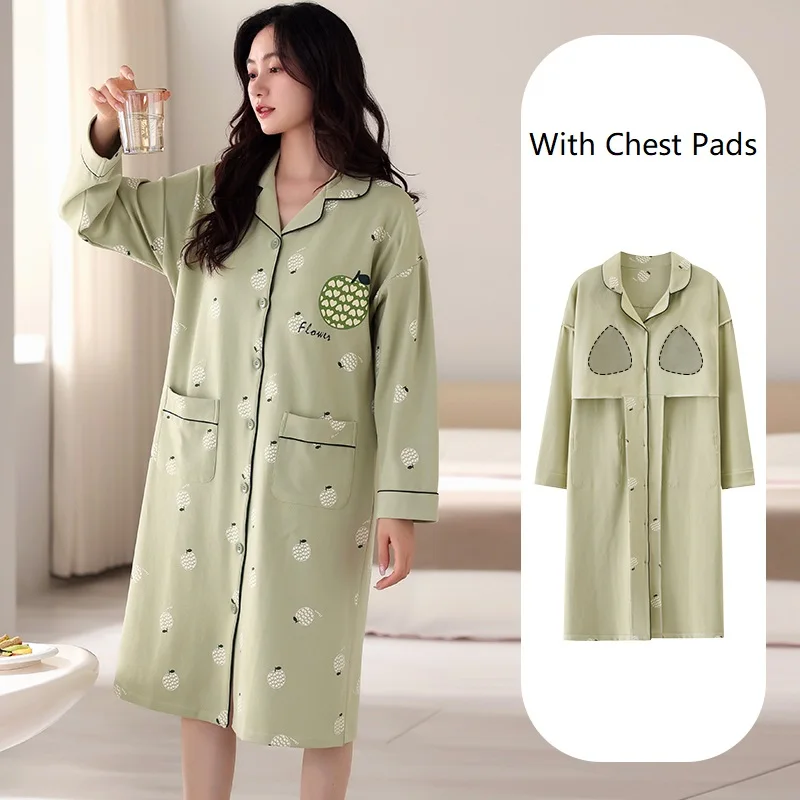 Autumn Lovely Print With Chest Pads Nightdress Long Nightgowns Cotton Casual Tracksuit Pijamas Mujer Lapel Cardigan Sleepwear5XL