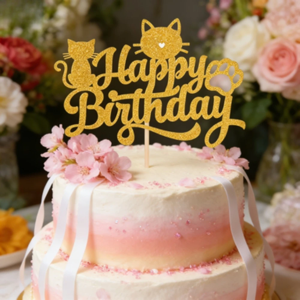 1 Stück Goldener Glitzer-Katzen-Kuchenaufsatz Set Entzückendes Kätzchen-Thema Kuchendekoration für Babypartys, Kindergeburtstage – Detail 5