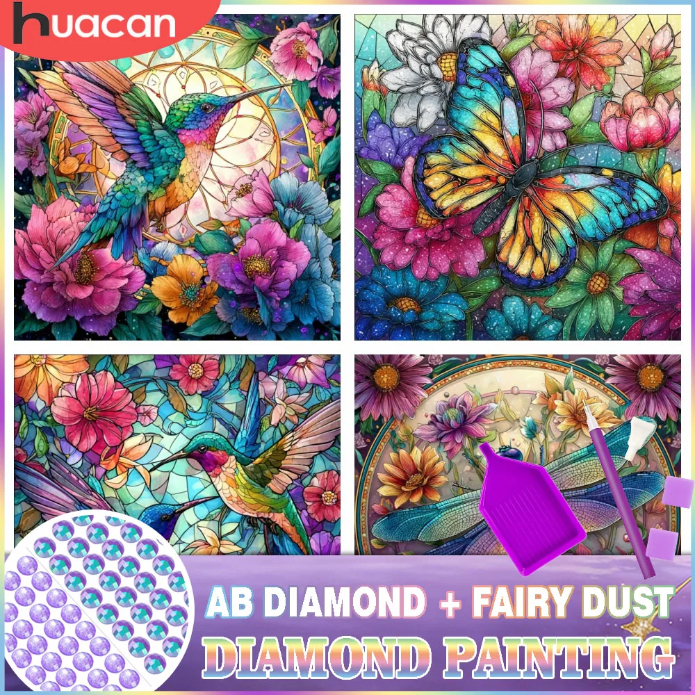 HUACAN Diamantmalerei: Vogel, Blume, Tier – Vollflächiges AB-Feenstaub-Kunst-Mosaik, florales Vollflächenset für Wanddekoration