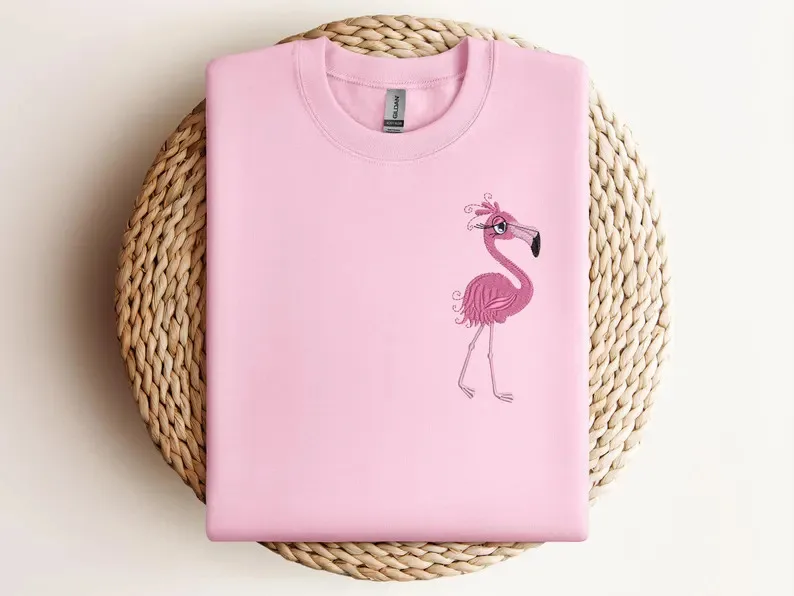 

Women's Casual Embroidered Flamingo T-Shirt,Cute Pink Bird Stitch Tee,.Fun Summer Embroidery Shirt – Quirky Animal Gift for
