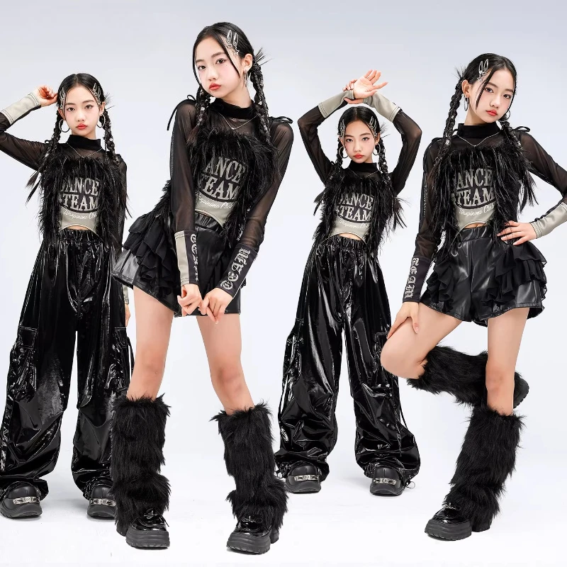 

Girls Street Dancewear Jazz Dance Costume Hip Hop Clothes Feather Vest Mesh Top Leather Pants Kpop Outfit Stage Performance Wear
