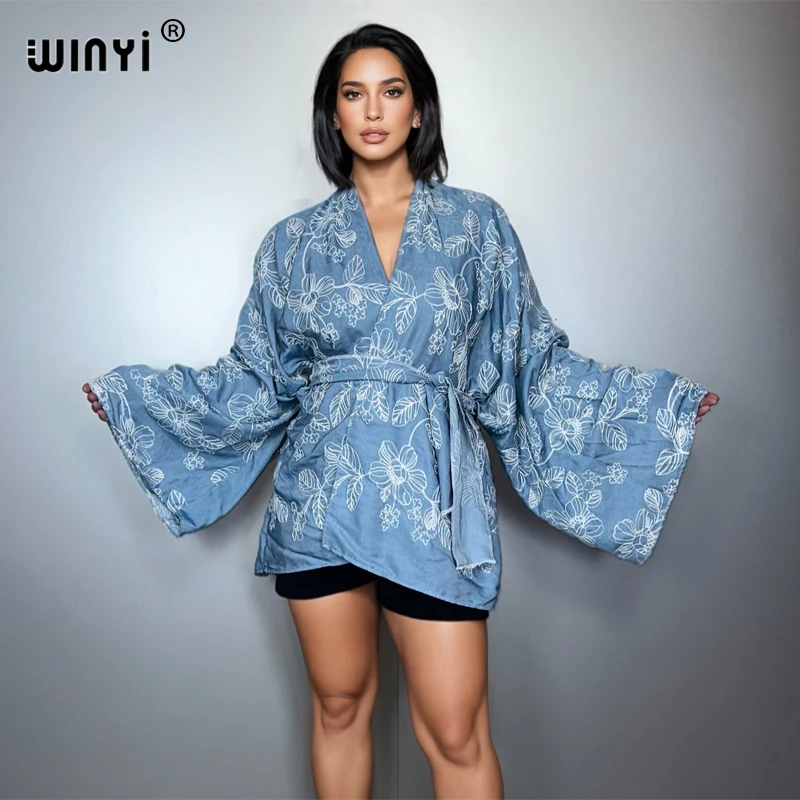WINYI Embroidered denim cardigan fashion coat Loose Dress elegant Party maxi Holiday Swimming Cover Up fashion Kimono