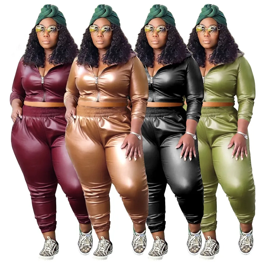 L-4XL African Plus Size Women Clothing Two Piece Sets 2024 Solid Color PU Long Sleeve Coat and Pant Suits Casual Sport Outfits