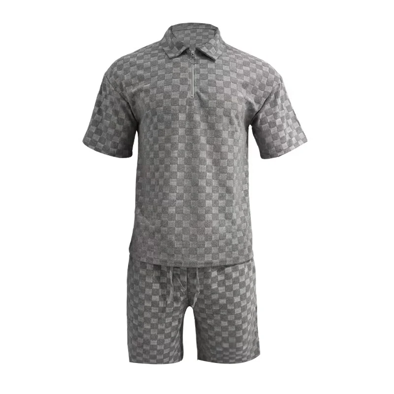 New Chessboard grid 2-piece Set for Men  Loose Casual Short Sleeves+Short Shorts Set Summer Flip Collar Sportswear Mens Clothing