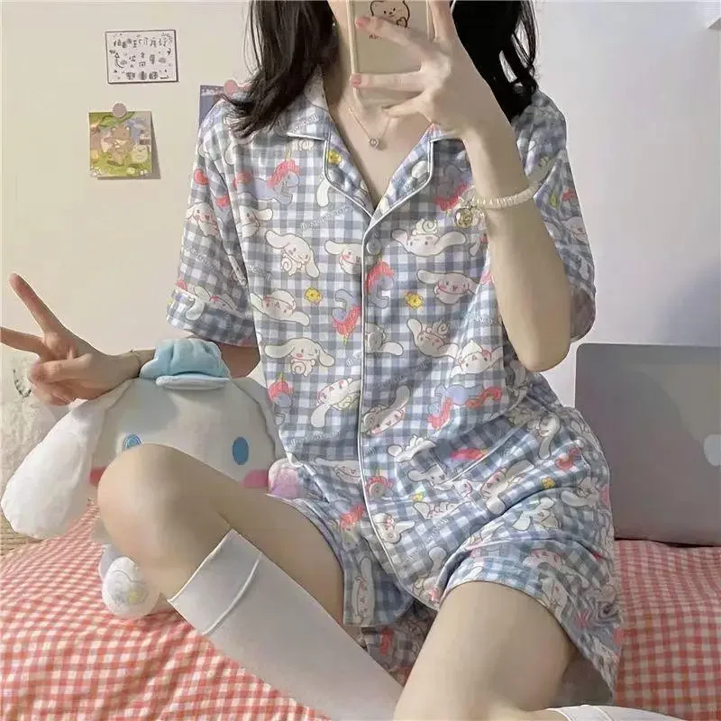 Miniso Hellokitty Pajamas Cartoon Figure Kitcat Printing White Red Colour Short Sleeve Summer Loose Sweet Style Cool House Wears