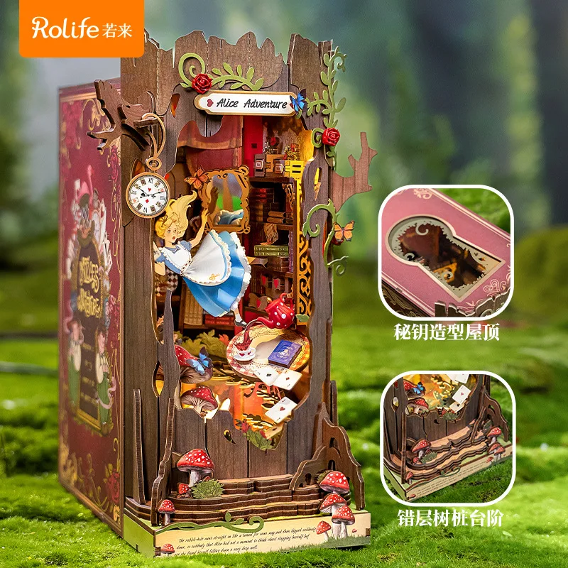 アリスアドベンチャー木製ビルディングブロック、ブックエンドデスクトップ装飾、パズル組み立てモデルおもちゃ、男の子と女の子への誕生日プレゼント