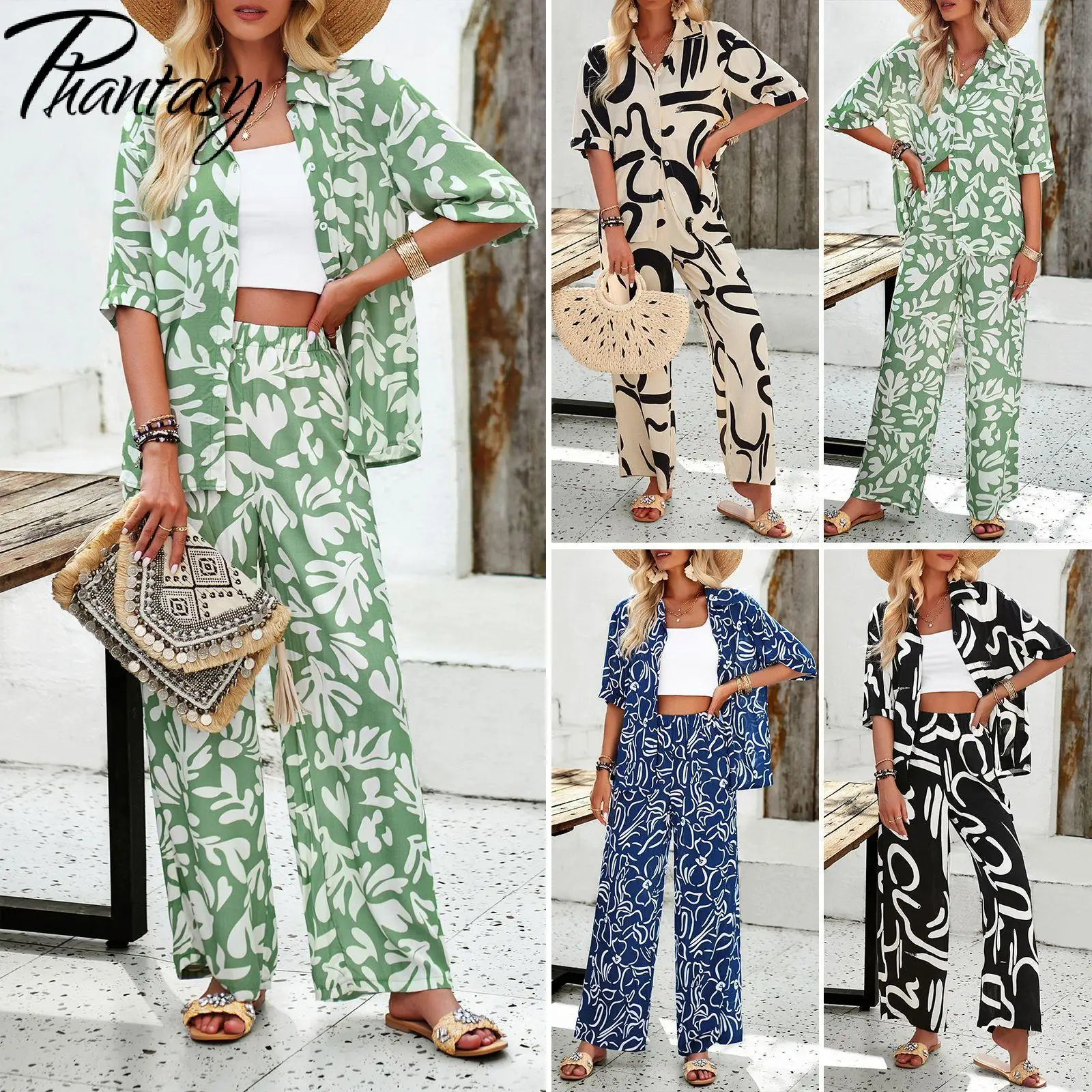 Phantasy Women Elegance Casual Printing Set Designer Shirt Short Sleeve Set Female Fashion Two-Piece Set Clothes Pantsuit Suit