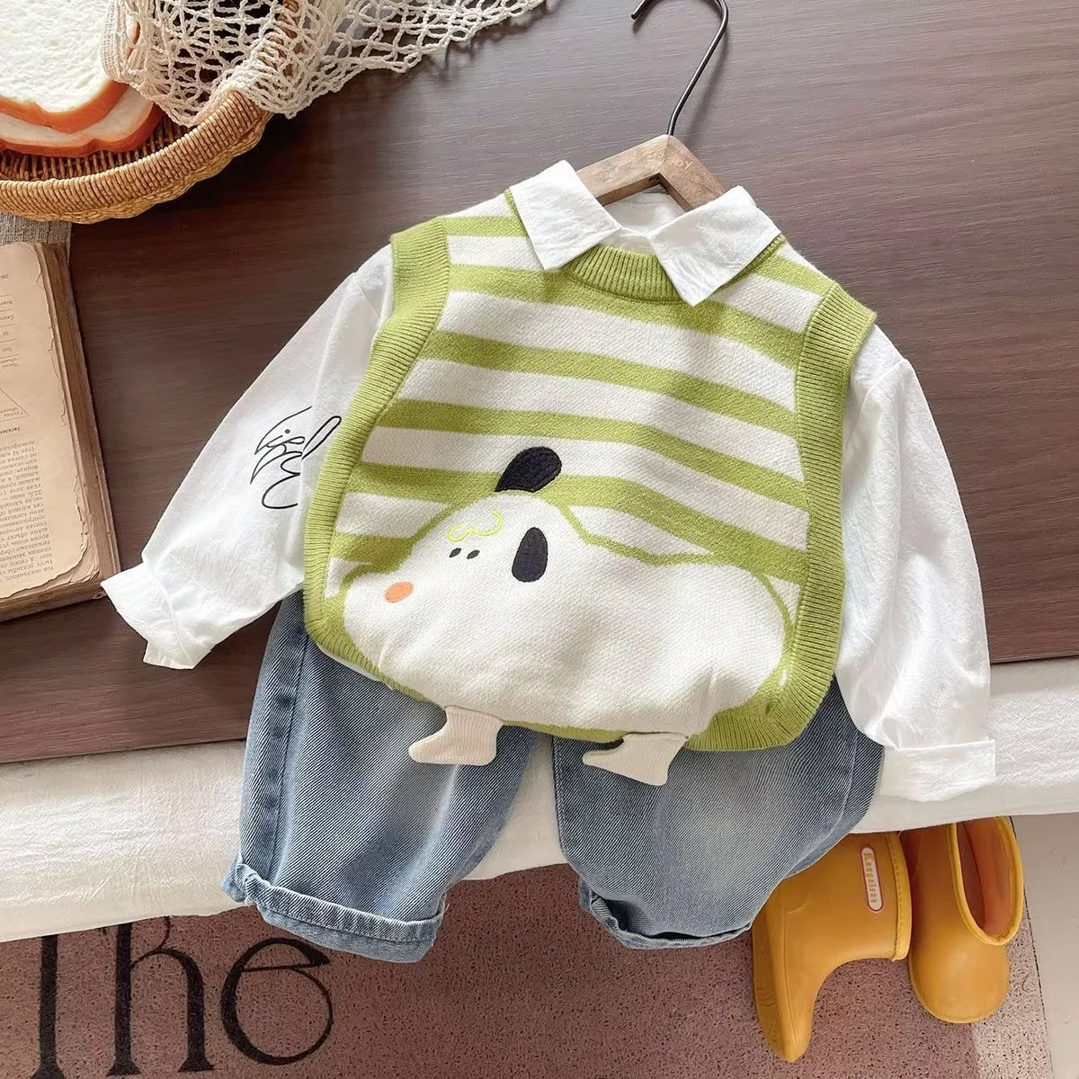 Boys Girls Spring Autumn Clothing Sets 2026 New Fashion Children Striped Knit Vest Shirt and Pants 3-Piece Outfit 0 2 4 5Y 5