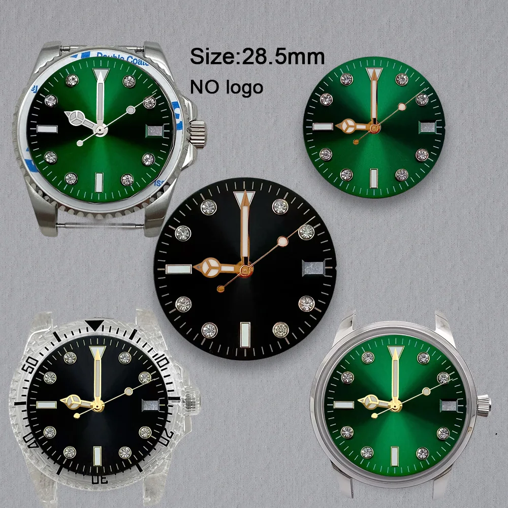 28.5mm No Logo Diamond Blank Dial For NH35 Movement Green Luminous Custom Logo Watch Dials Hands Accessories Repair Tools